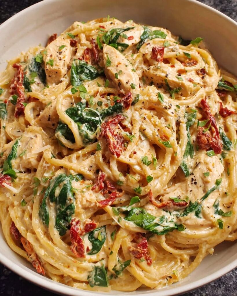 Spaghetti Spinach with Sun Dried Tomato Chicken Cream Sauce 1