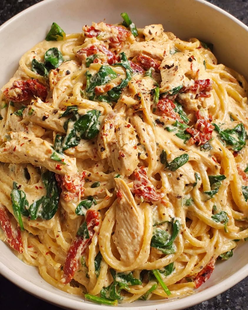 Spaghetti Spinach with Sun Dried Tomato Chicken Cream Sauce