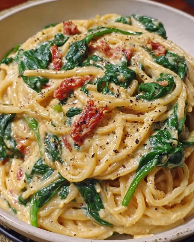 Spaghetti Spinach with Sun Dried Tomato Cream Sauce 1