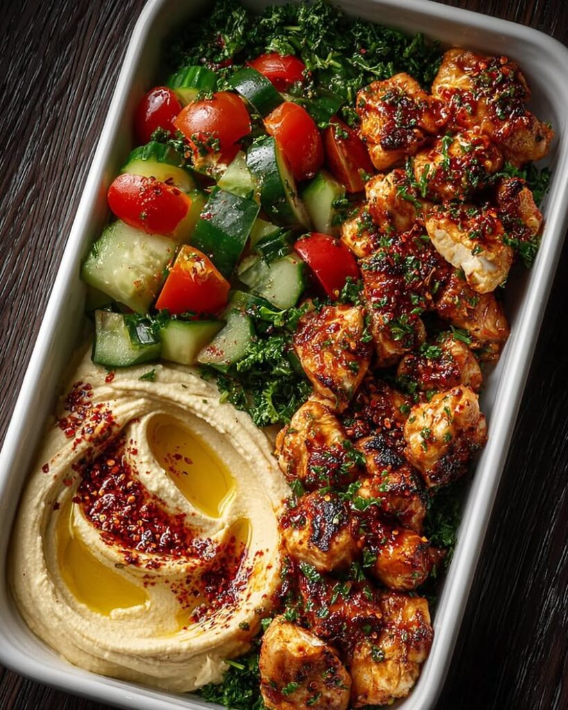 Spicy Garlic Chicken Bowl with Hummus Cucumber Salad 1