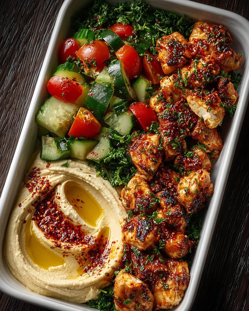 Spicy Garlic Chicken Bowls with Hummus and Fresh Cucumber Salad 1 Spicy Garlic Chicken Bowl with Hummus Cucumber Salad 1