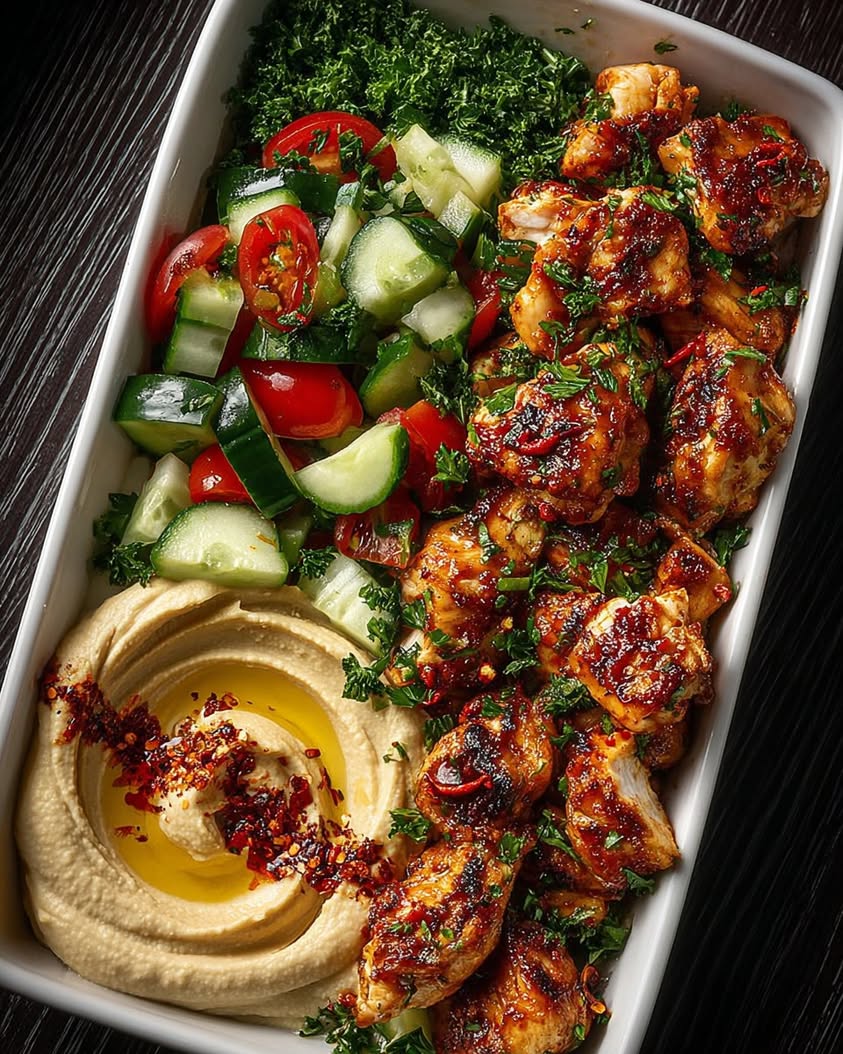 Spicy Garlic Chicken Bowl with Hummus Cucumber Salad 2