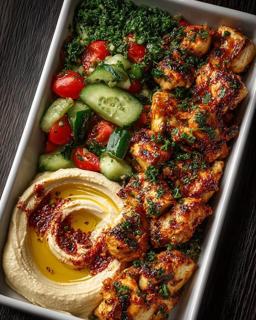 Spicy Garlic Chicken Bowl with Hummus Cucumber Salad
