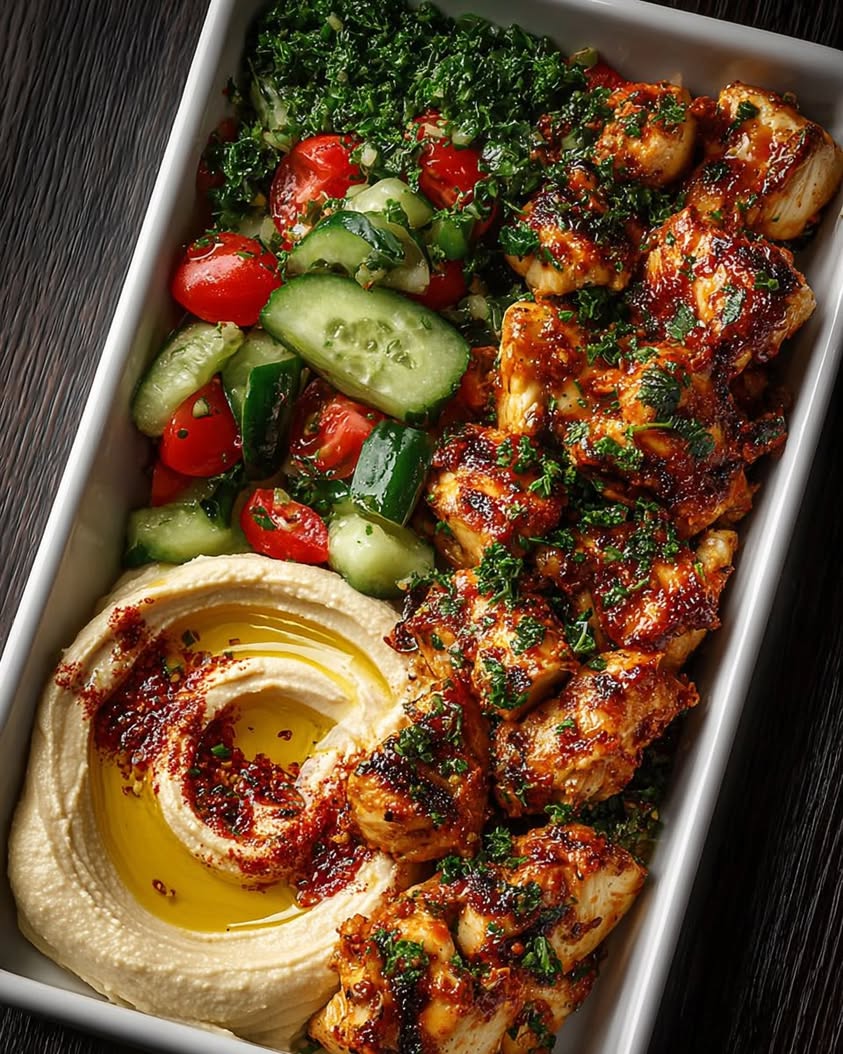 Spicy Garlic Chicken Bowls with Hummus and Fresh Cucumber Salad 1 Spicy Garlic Chicken Bowl with Hummus Cucumber Salad