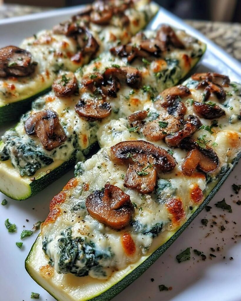 Spinach Mushroom and Ricotta Stuffed Zucchini Boats