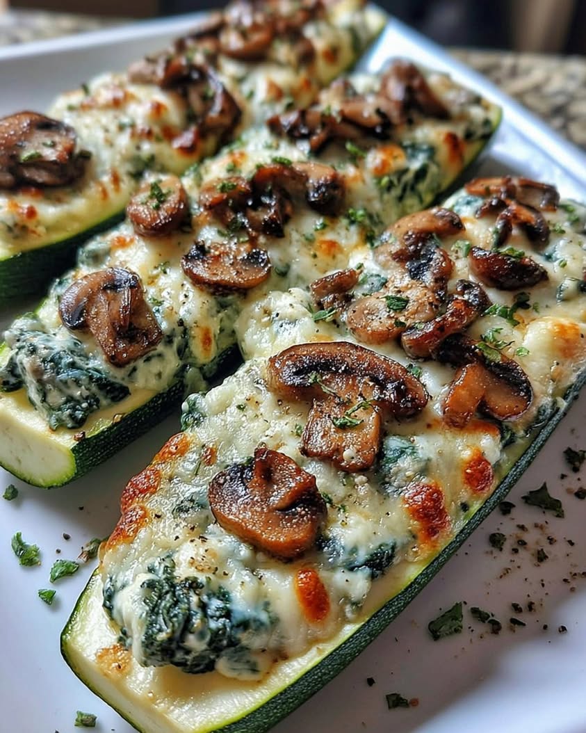 Spinach Mushroom and Ricotta Stuffed Zucchini Boats