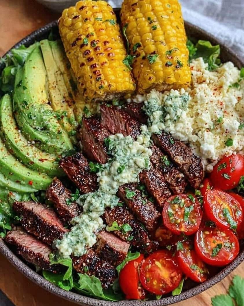 Steak Avocado and Roasted Corn Bowl with Cilantro Cream Sauce 1