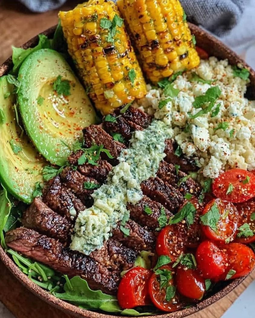 Steak Avocado and Roasted Corn Bowl with Cilantro Cream Sauce 2