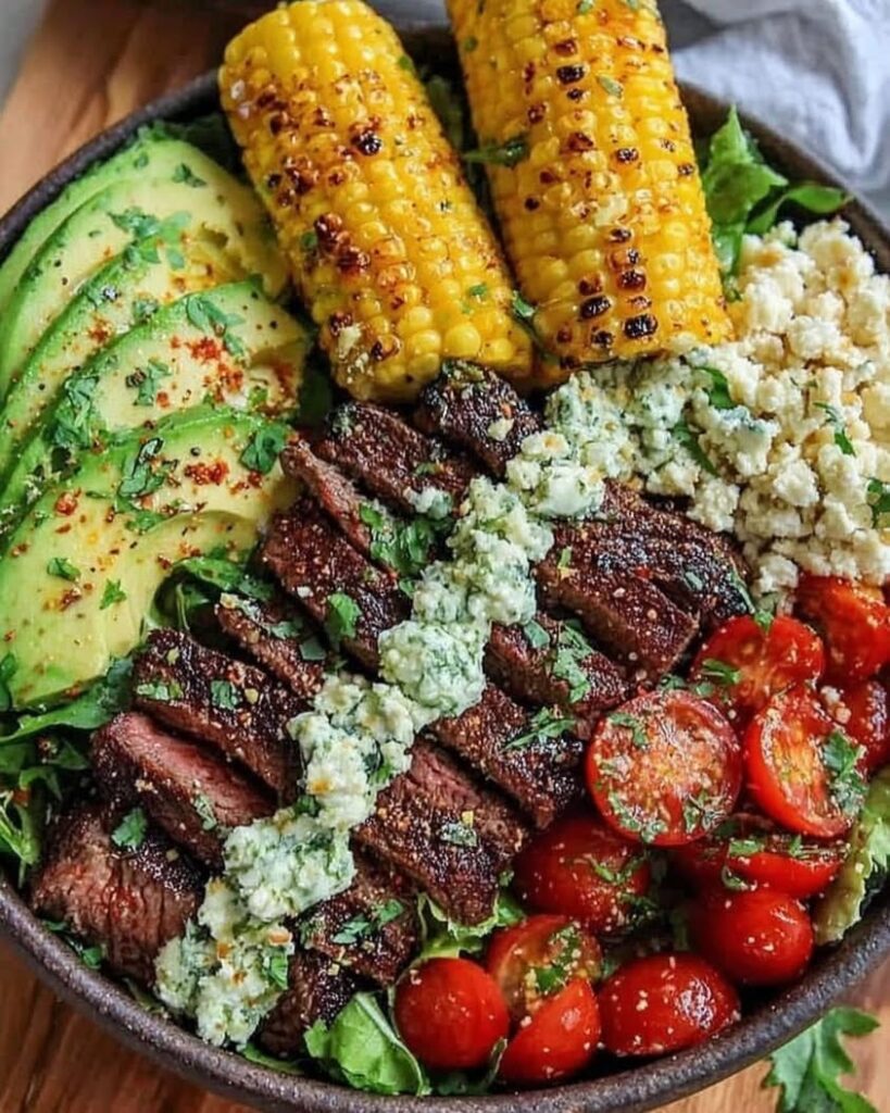 Steak Avocado and Roasted Corn Bowl with Cilantro Cream Sauce