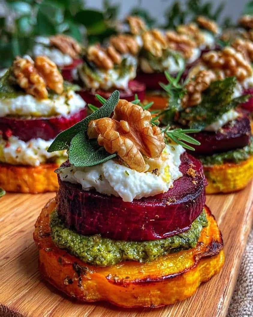 Sweet Potato Beet Stacks with Pesto Burrata Walnuts