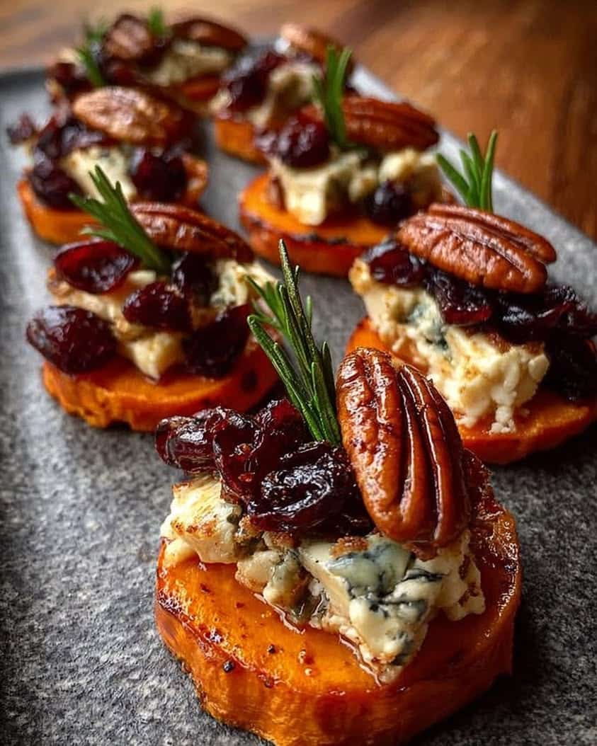 Sweet Potato Rounds with Blue Cheese, Cranberry, and Pecans Recipe 1 Sweet Potato Rounds with Blue Cheese Cranberry Pecans