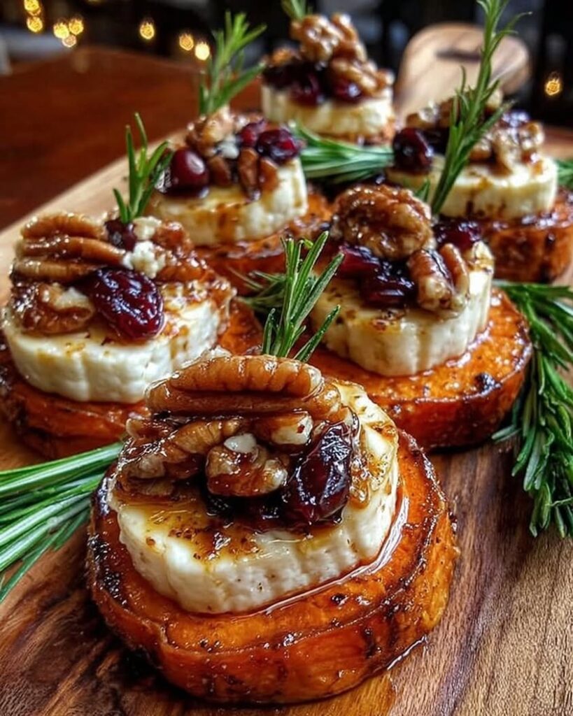 Sweet Potato Rounds with Brie Cranberry Toasted Pecans with Hot Honey Drizzle
