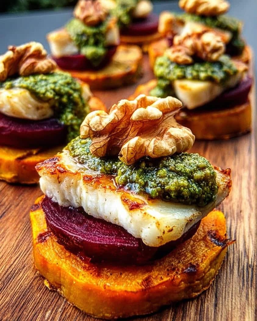 Sweet Potato Rounds with Halloumi Roasted Beets and Walnut Sage Pesto