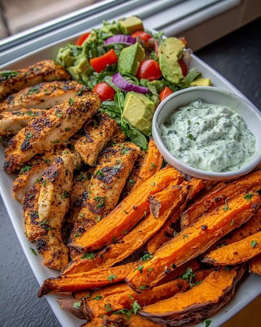 Ultimate Grilled Chicken Sweet Potato Bowl with Avocado Salsa Herbed Yogurt Dip