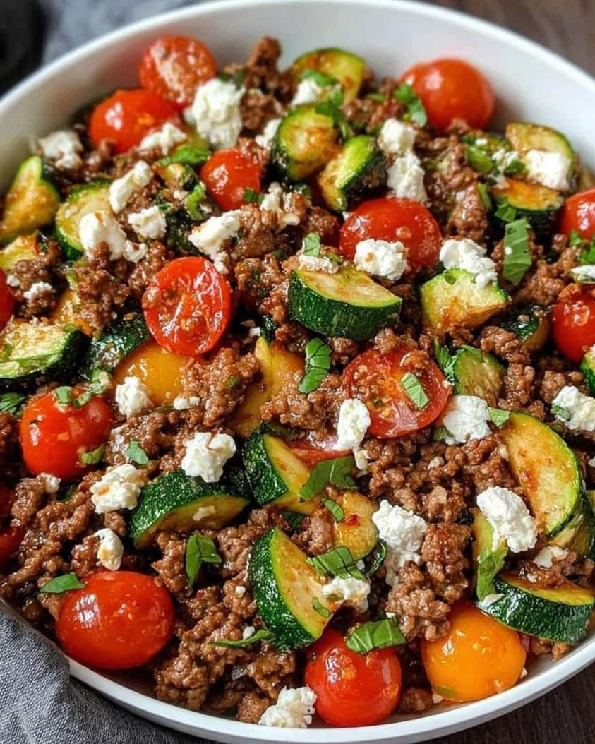 Vibrant Mediterranean Beef Stir-Fry with Feta and Fresh Vegetables 1 Vibrant Mediterranean Beef Stir Fry with Feta Zucchini Cherry Tomatoes 1