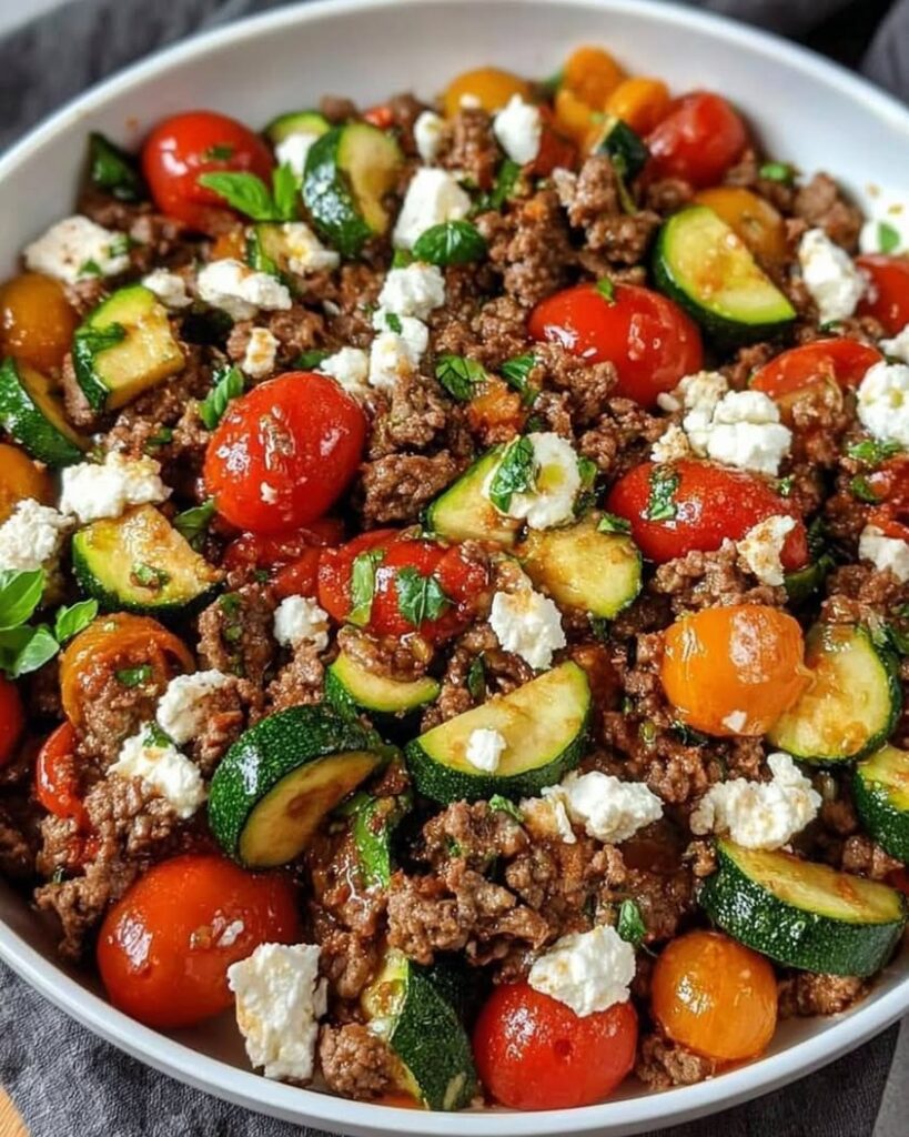 Vibrant Mediterranean Beef Stir Fry with Feta Zucchini Cherry Tomatoes 2
