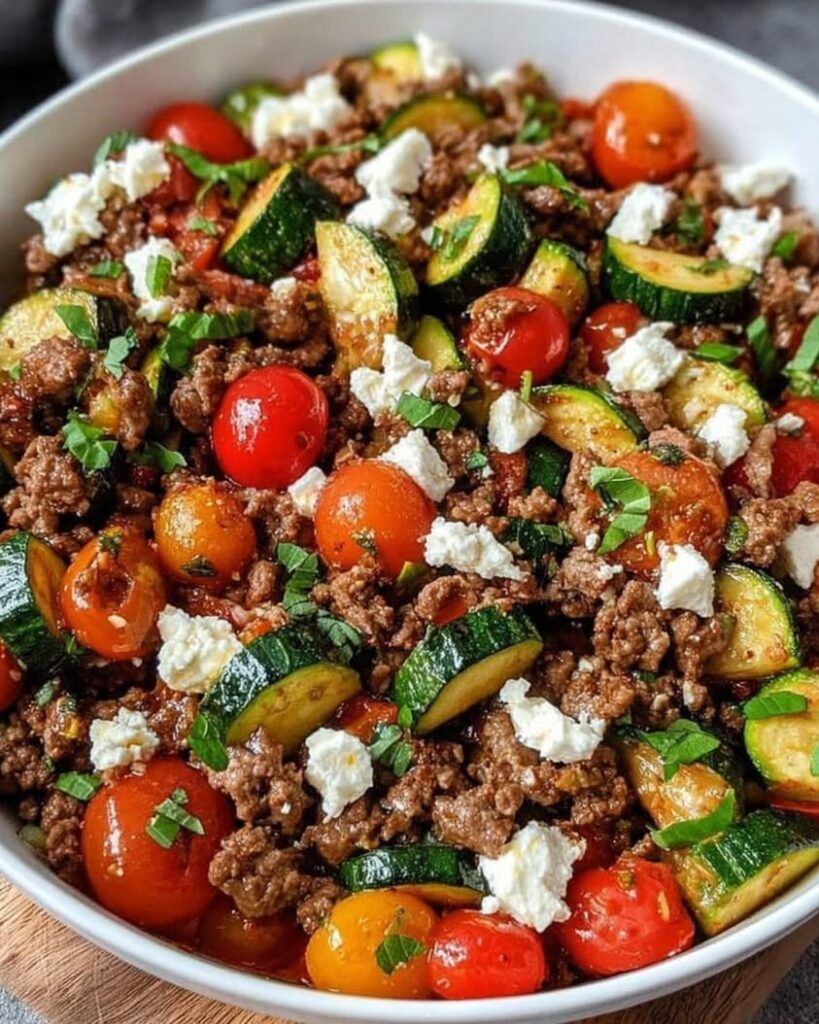 Vibrant Mediterranean Beef Stir Fry with Feta Zucchini Cherry Tomatoes