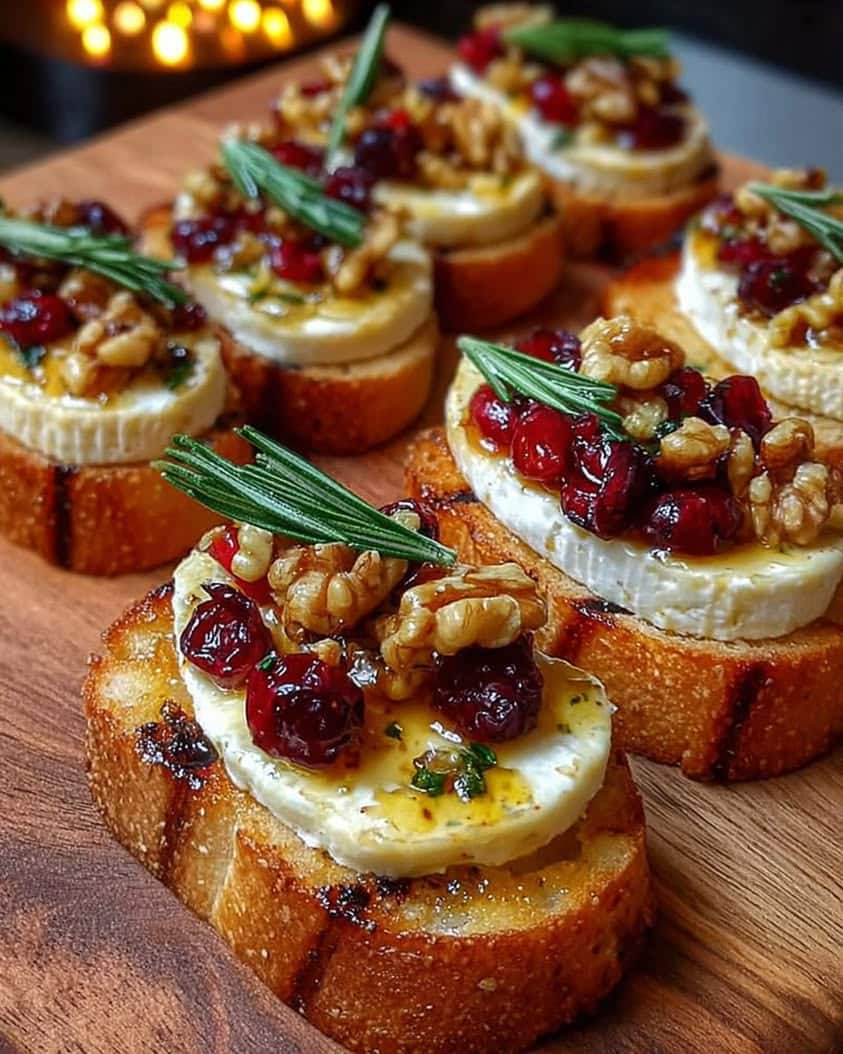 Warm Brie Cranberry Walnut Crostini with Hot Honey