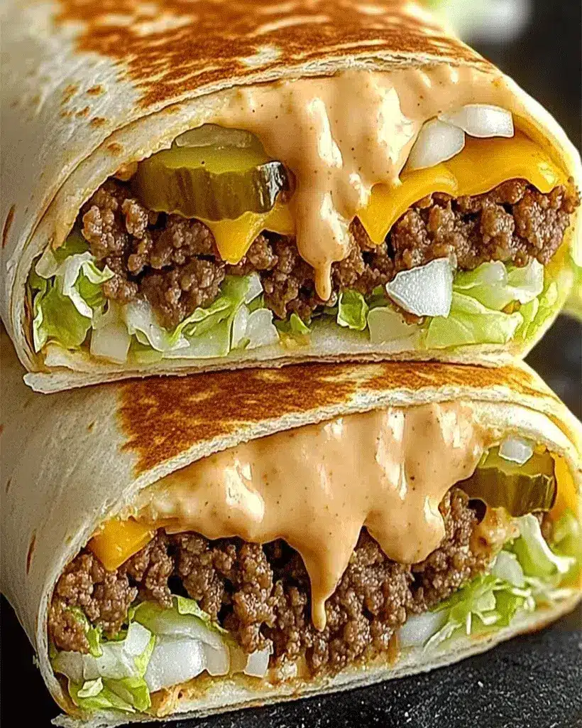 All the Big Mac flavor in a handheld wrap—crispy seasoned beef melty cheddar crunchy lettuce pickles and that homema