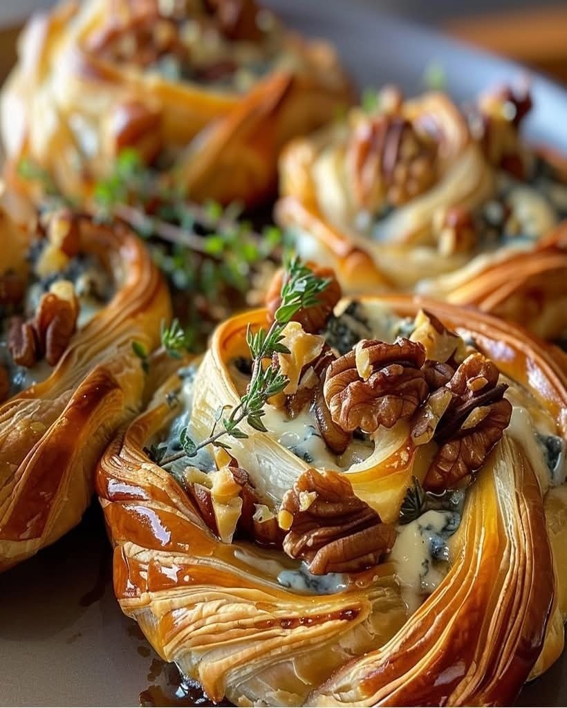 Blue Cheese Walnut and Thyme Pull Apart Puff Pastry Twirl