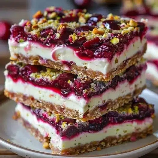 Buttery graham crust creamy cheesecake filling tangy cherry topping and crunchy pistachios—these bars are rich colorful and perfect for any occasion