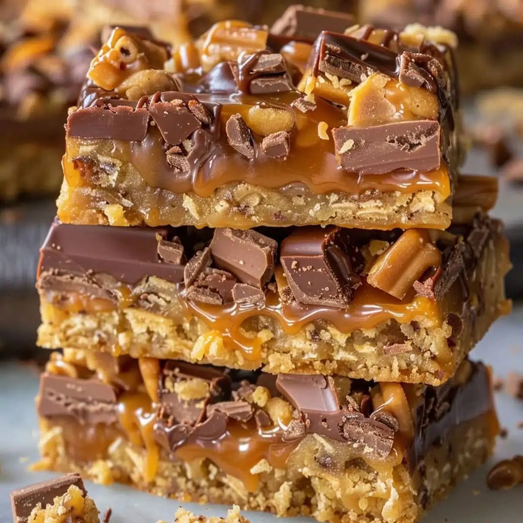 Buttery shortbread base gooey golden caramel and rich melted chocolate stacked into the easiest candy bar meets baker