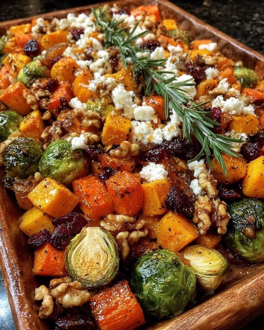 Caramelized Butternut Squash Carrots Brussels Sprouts Sweet Potato with Feta Walnuts Cranberry Honey Glaze 1