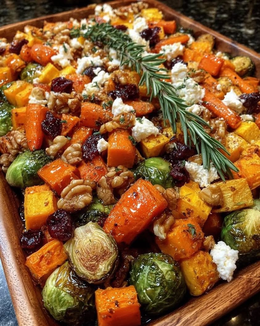 Roasted Harvest Vegetables with Feta, Walnuts & Cranberry Glaze 5 Caramelized Butternut Squash Carrots Brussels Sprouts Sweet Potato with Feta Walnuts Cranberry Honey Glaze