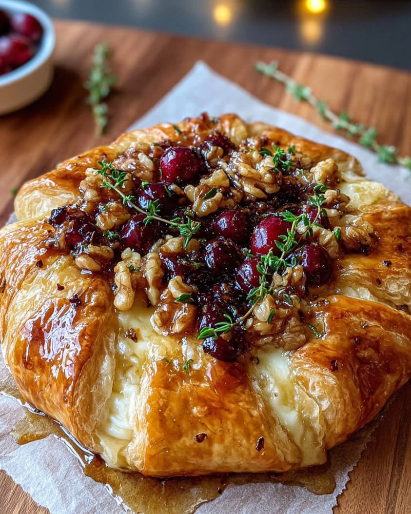 Brie and Cranberry Tart with Hot Honey and Toasted Walnuts