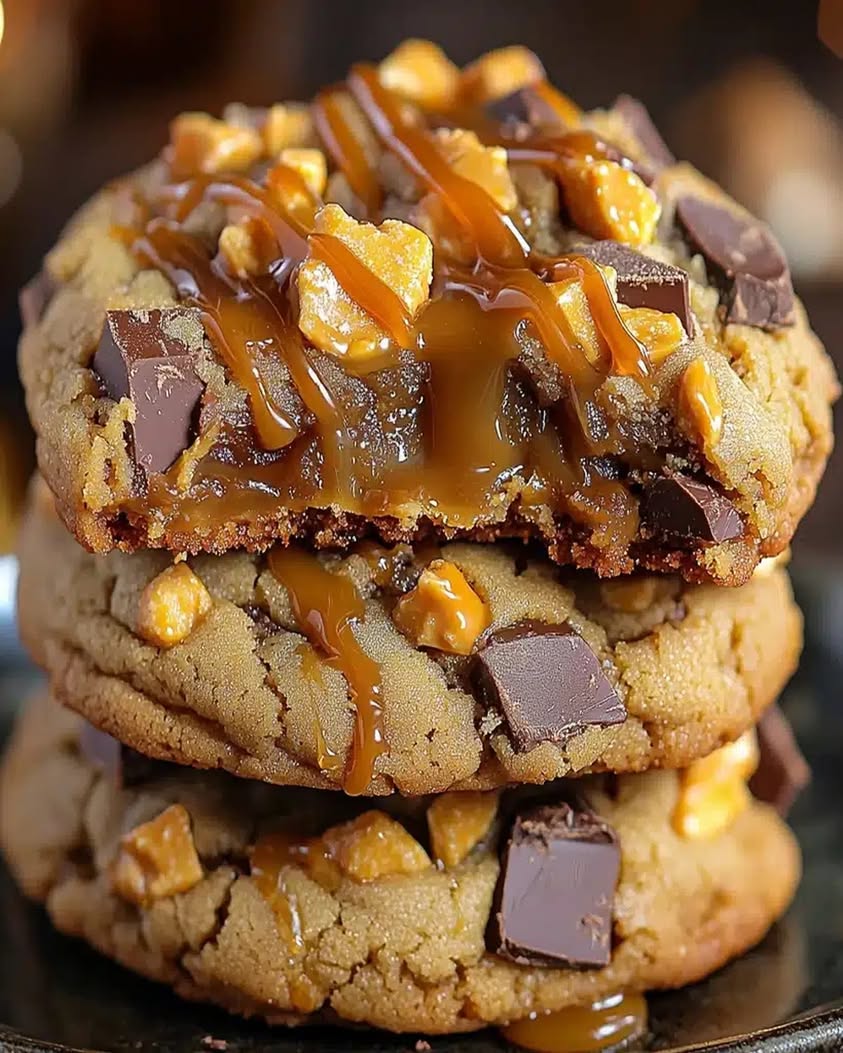 Chewy cookies packed with crispy Butterfinger pieces and gooey caramel pockets in every bite