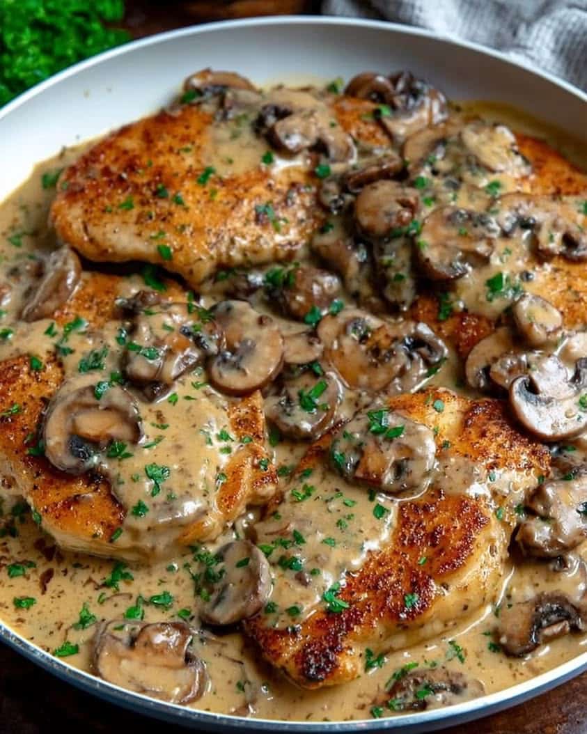 Chicken and Mushroom Skillet in a Creamy Asiago and Mustard Sauce