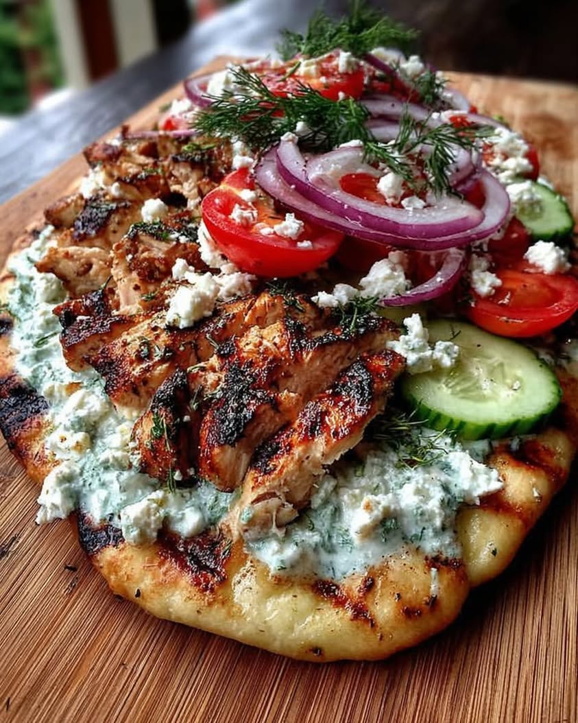 Creamy Greek Chicken Flatbread with Tzatziki Cucumbers Tomatoes Red Onion