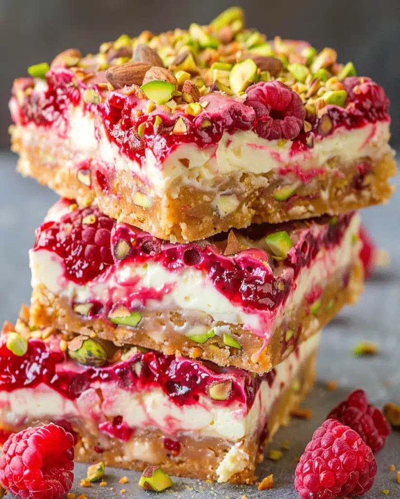 Creamy Raspberry Pistachio Cheesecake Bars