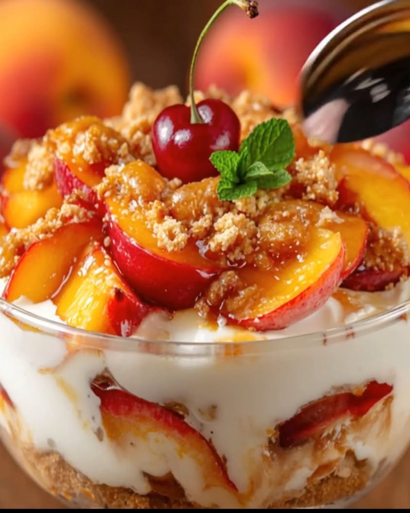 Creamy cheesecake style fluff juicy peaches a warm cinnamon graham crumble that tastes like the best part of cobbler