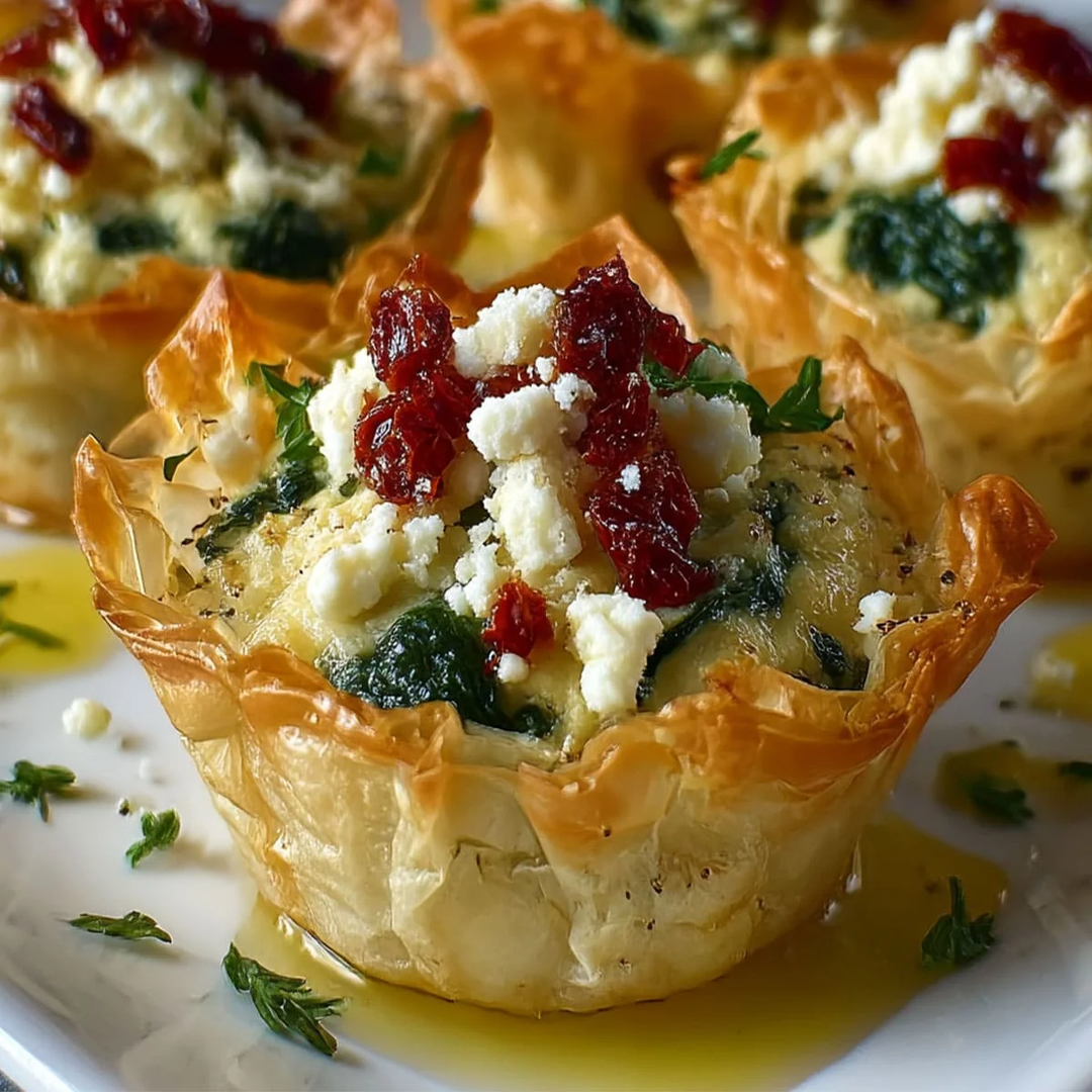 Crispy flaky little bites filled with spinach creamy feta and a pop of sun dried tomato—basically spanakopita in the