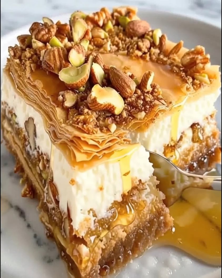 Flaky phyllo layers a sweet nutty baklava filling and a creamy cheesecake center—all drenched in honey for the ultimate dessert