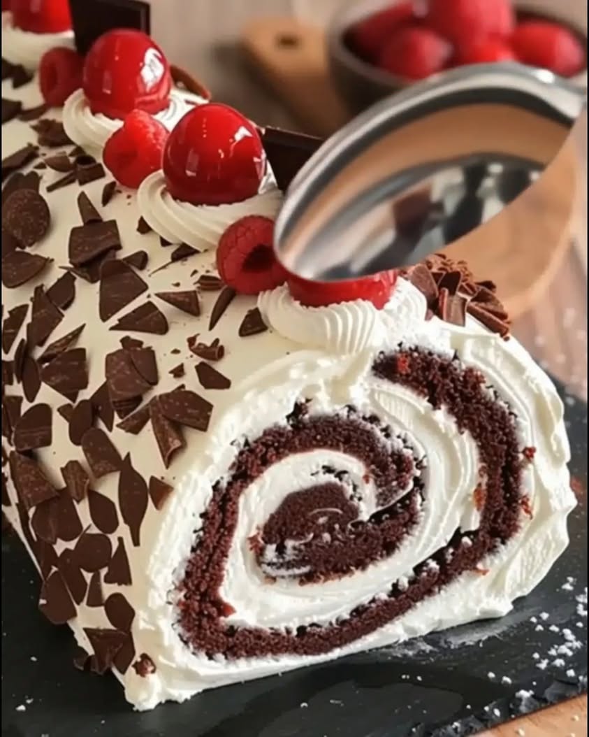 Fluffy chocolate sponge rolled with clouds of whipped cream juicy cherries and a little chocolate shavings for drama
