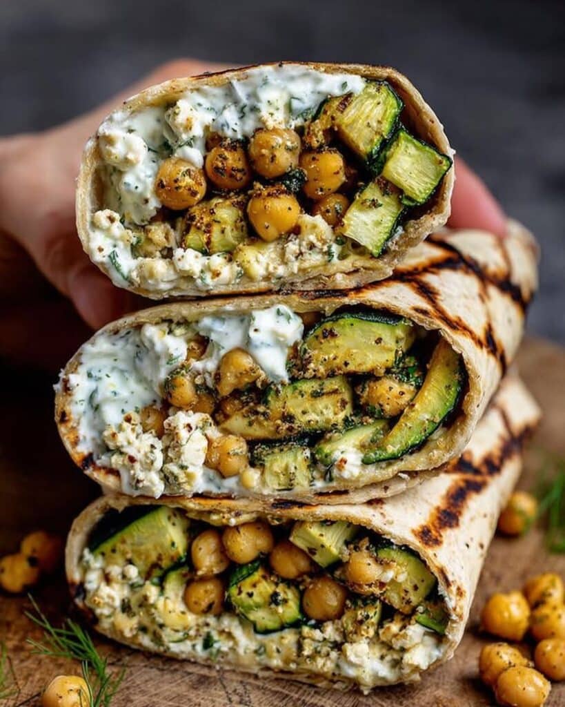Grilled Zucchini Feta Chickpea Wrap with Herbed Yogurt