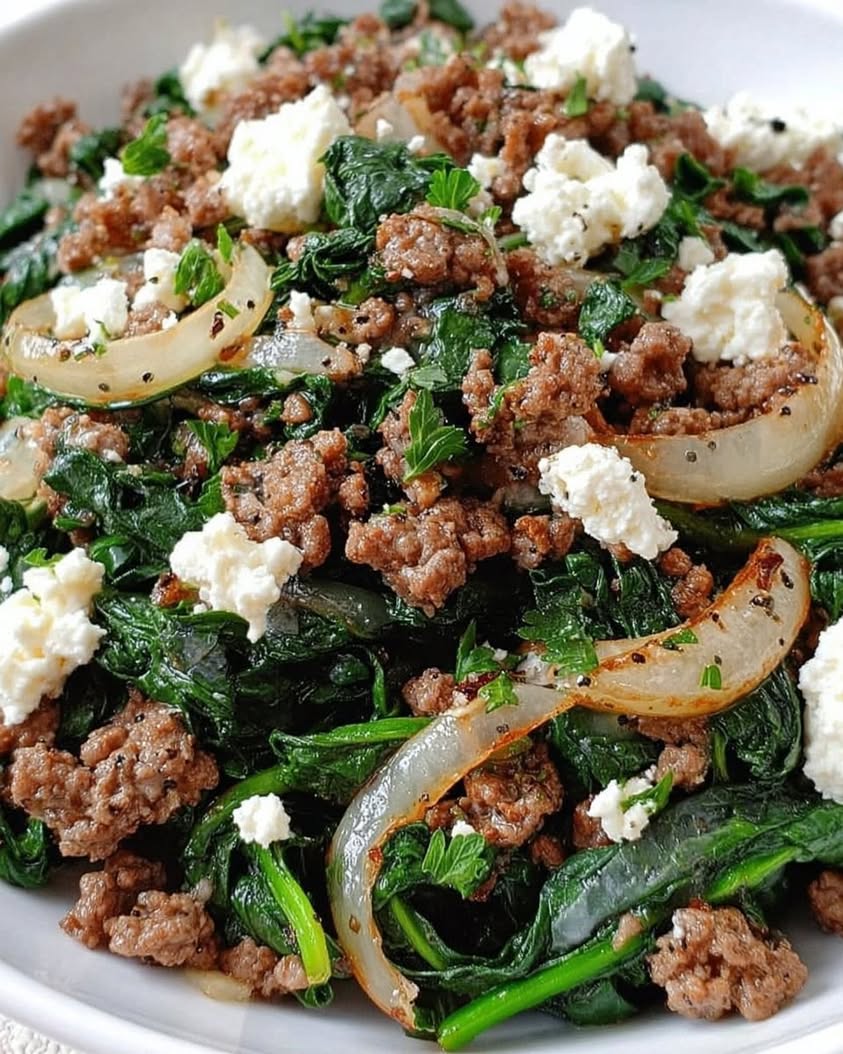 Easy Ground Beef and Spinach Skillet with Creamy Feta