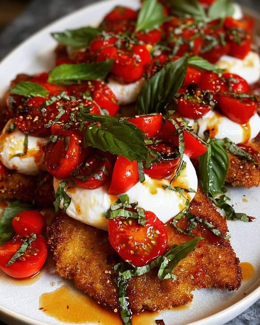 Italian Basil Chicken Cutlets with Tomato Burrata Topping Recipe