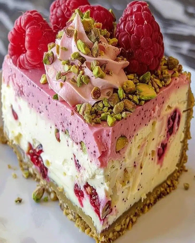 Luscious Pistachio Raspberry Cheesecake