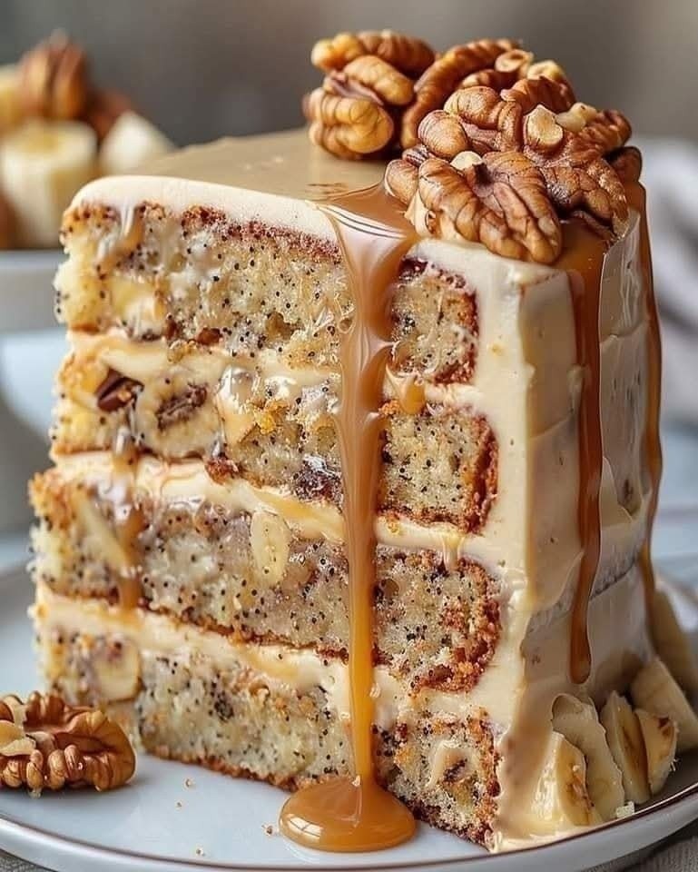 Luscious Walnut Banana Caramel Cake