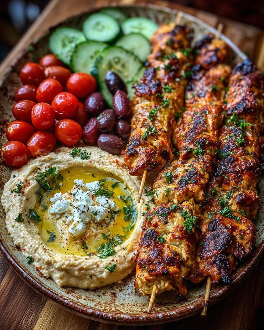 Mediterranean Chicken Skewers with Creamy Homemade Hummus Spread