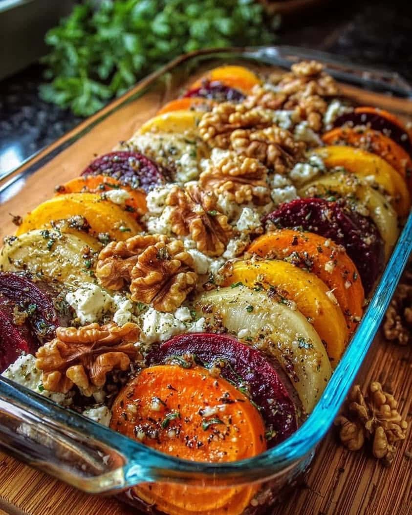Mediterranean Beet and Sweet Potato Gratin with Feta and Walnuts