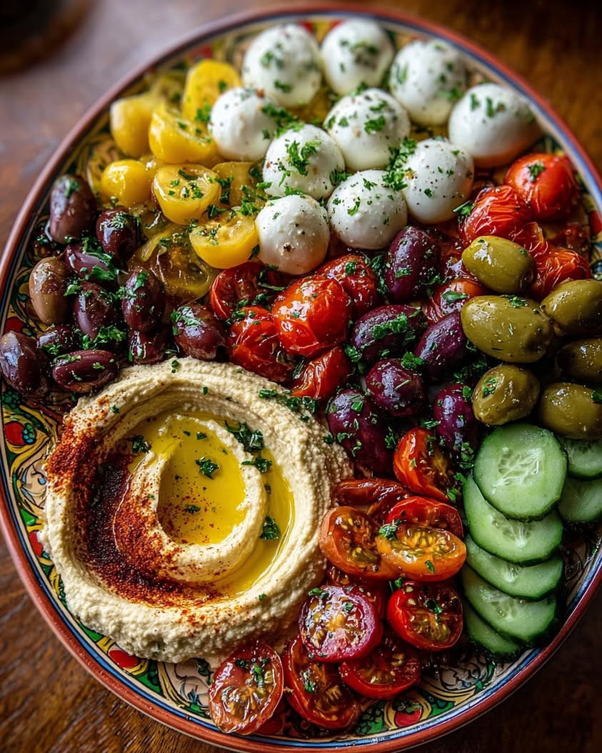 Mediterranean Mezze Platter with Hummus Olives Burrata