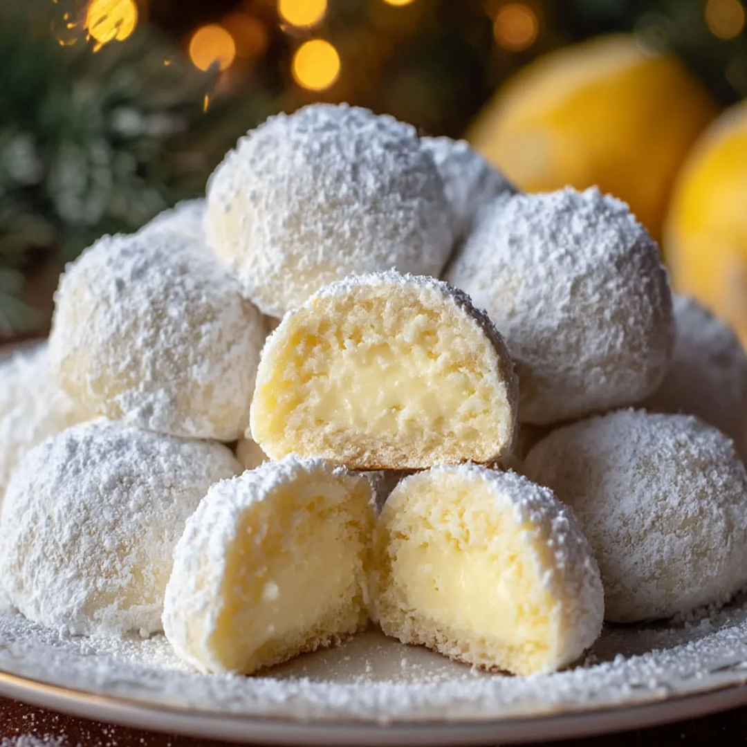 Melt in your mouth lemony shortbread snowballs with a cool tangy lemon cream center and that perfect powdered sugar coating