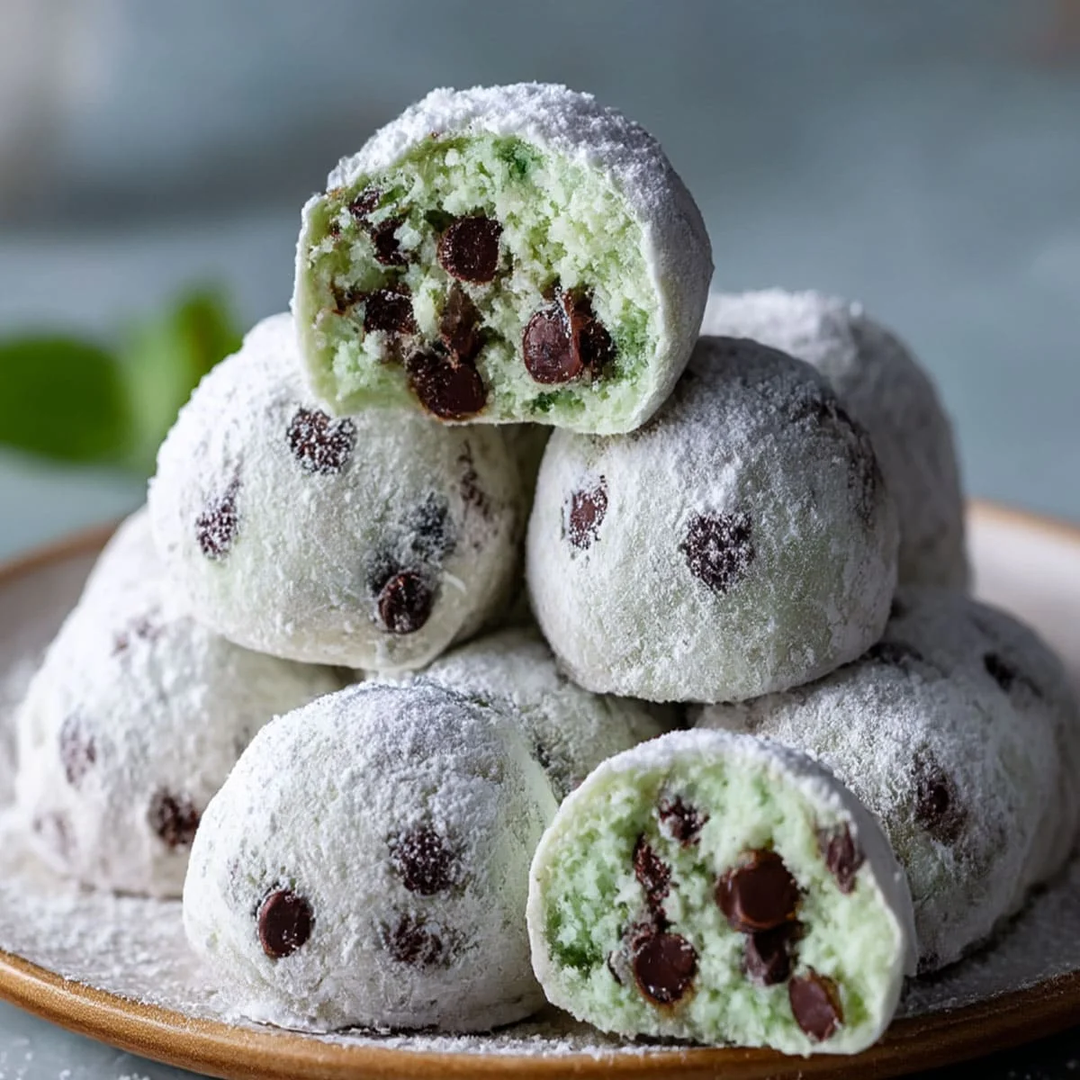Melt in your mouth powdered sugar snow cookies with a cool peppermint twist and mini chocolate chips in every bite