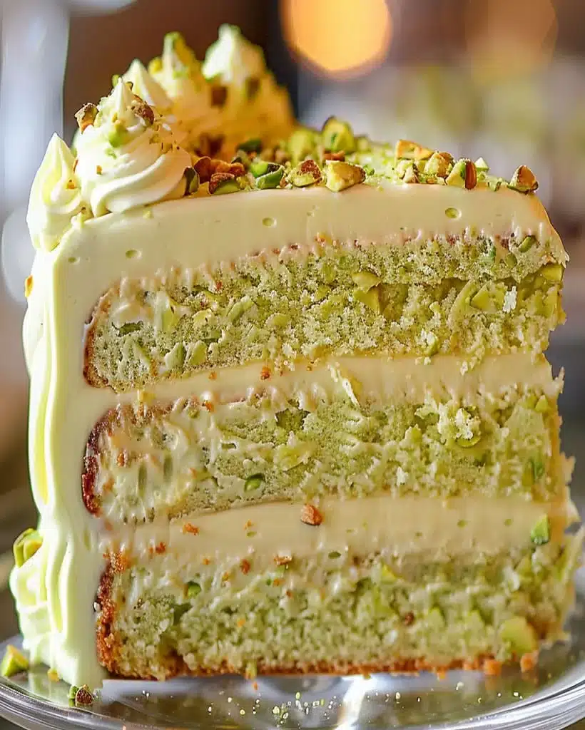 Moist bakery soft pistachio cake made with real chopped pistachios layered with silky buttercream and finished with a