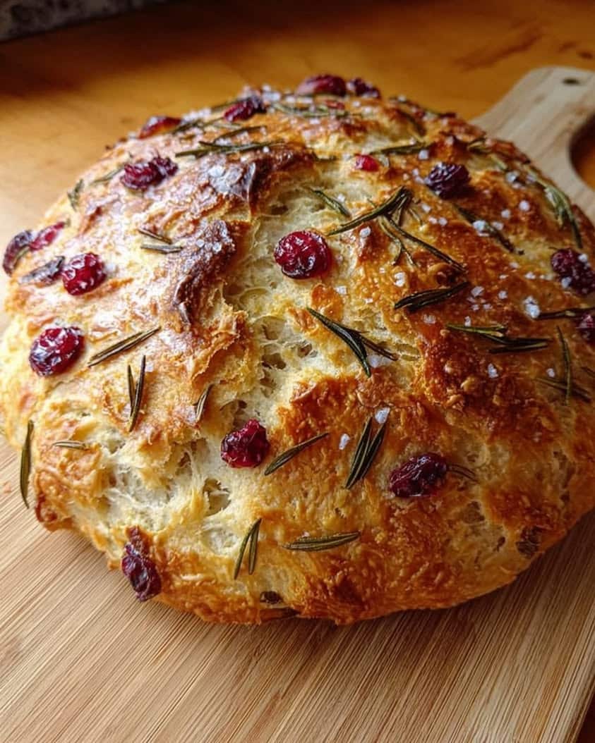 No-Knead Rosemary Cranberry Bread with Olive Oil and Sea Salt
