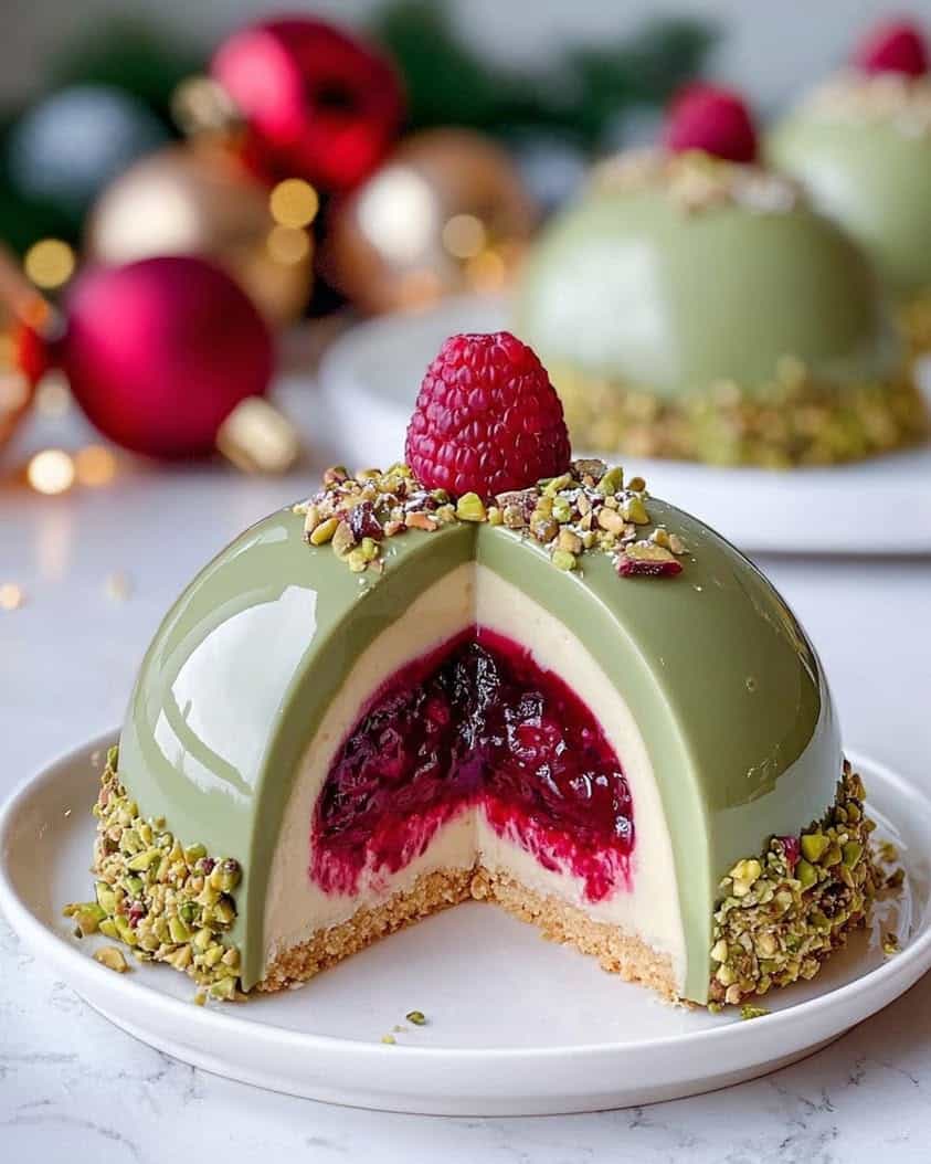 Pistachio Cheesecake Domes with a Raspberry Surprise Recipe